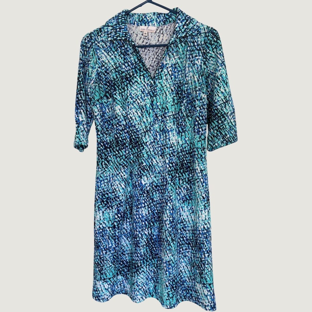 Jude Connally Blue Teal Abstract Print V-Neck Shift Dress Short Sleeve Small